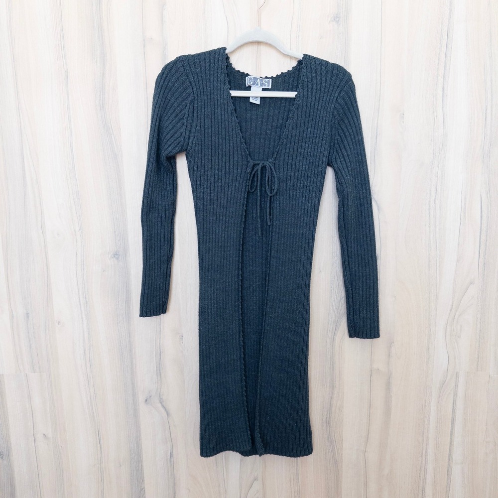 Vintage Womens Long Cardigan M Charcoal Grey Ribbed Tie Front Y2K 90s Minimalist